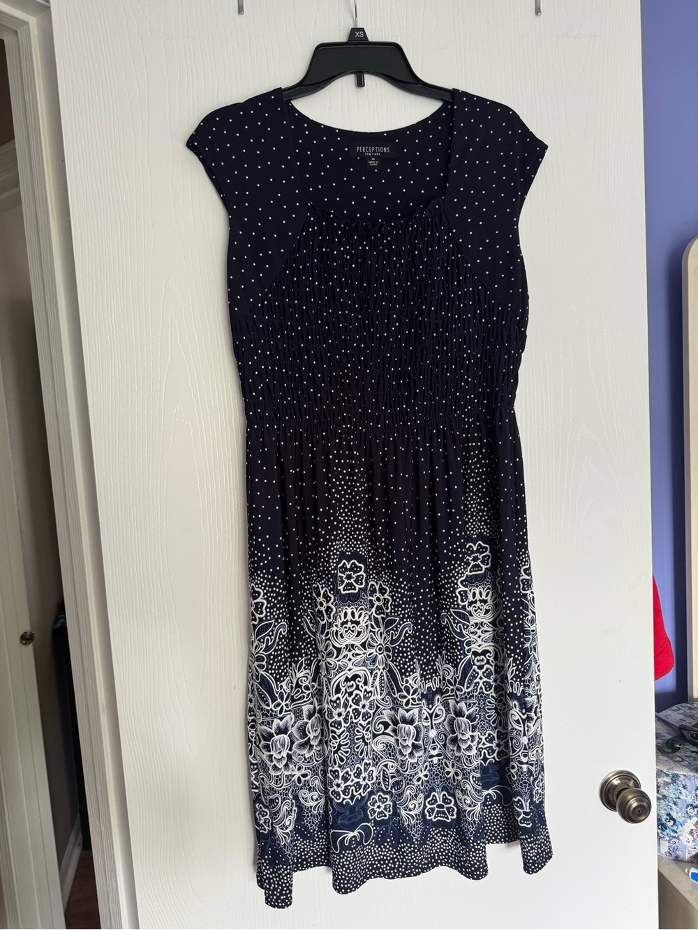 Perceptions Navy & White Floral Shirred Cap-Sleeve Midi Dress